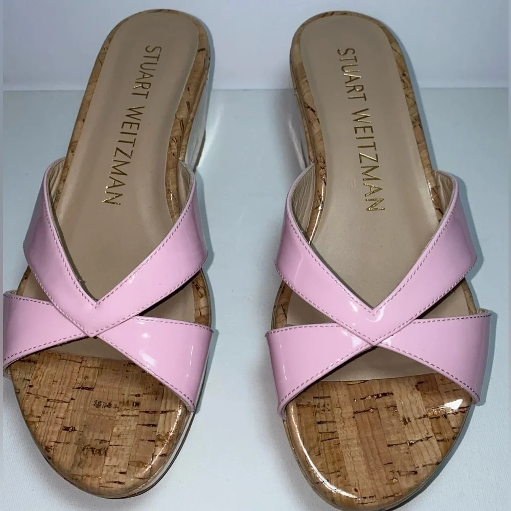 Stuart Weitzman NWOT Carmen Pink Platform Patent Leather Wedge Slide Sandals